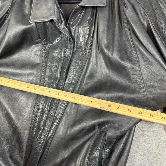 Vintage 80s Black Leather Bomber Jacket Women Oversized Puff Sleeve Retro Grunge - Picture 7 of 16